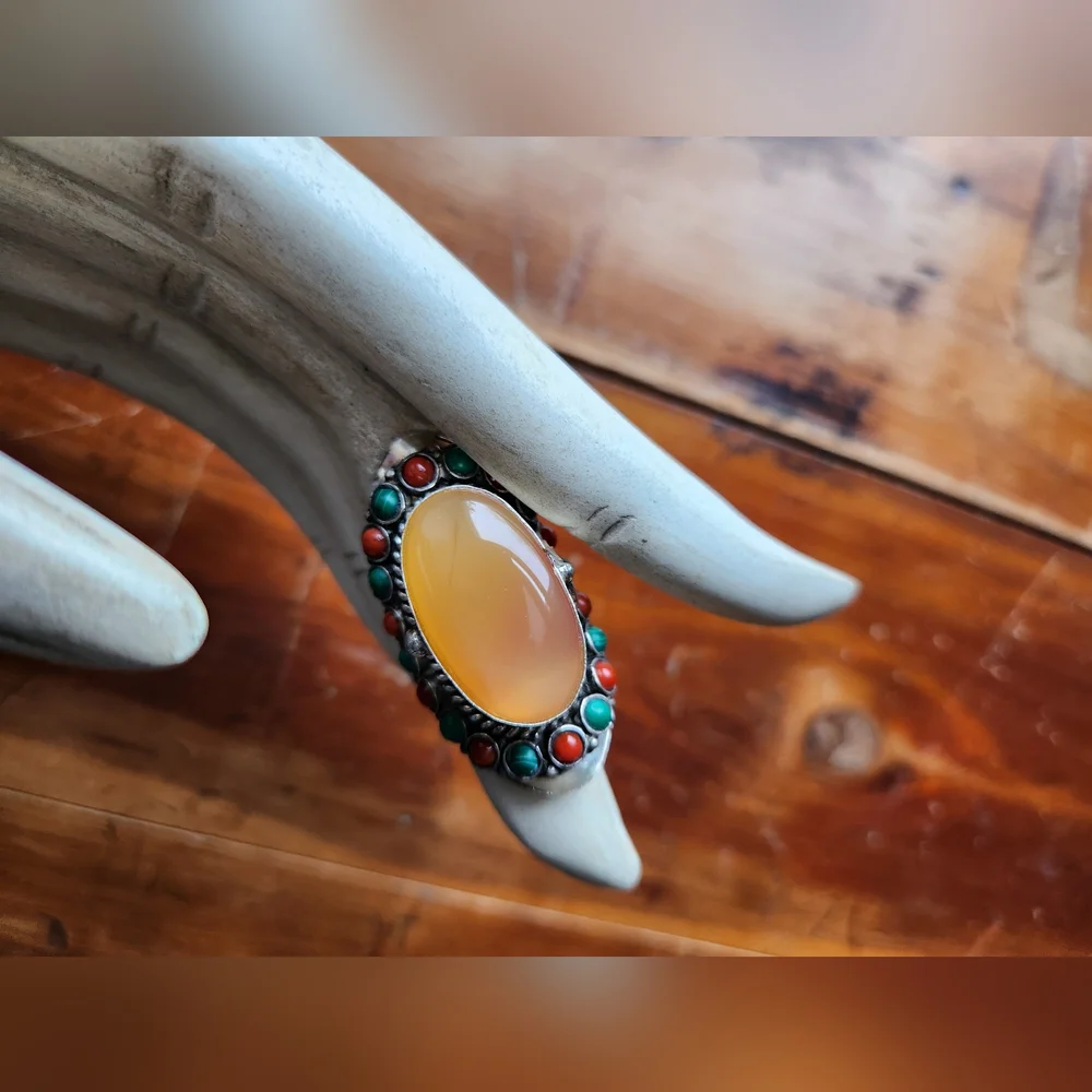 💍New Boutique Item! Agate, Malachite and Coral Gemstone "Poison" Ring💍 - Picture 4 of 15